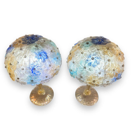 Pair Midcentury Barovier & Toso Murano Floral Glass Lamps w/ 24K Gold 11Lx17H