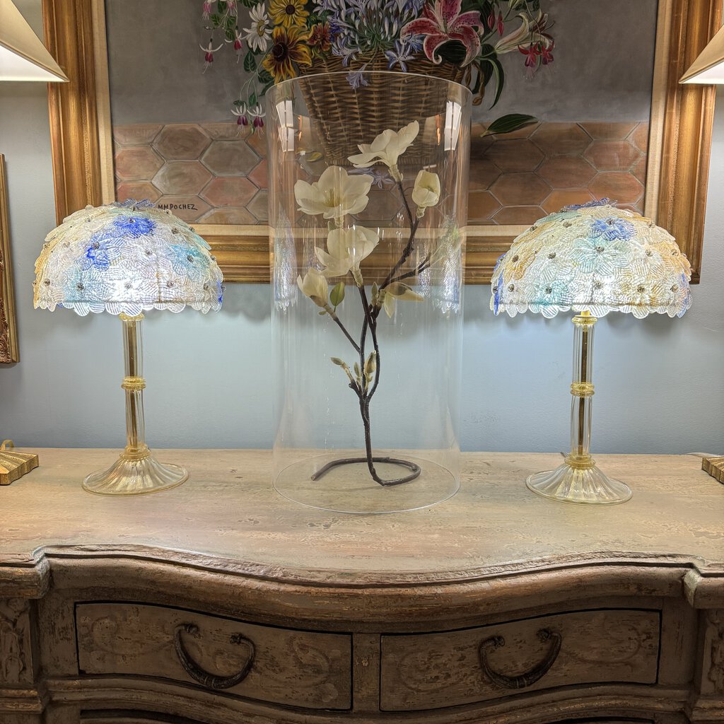 Pair Midcentury Barovier & Toso Murano Floral Glass Lamps w/ 24K Gold 11Lx17H