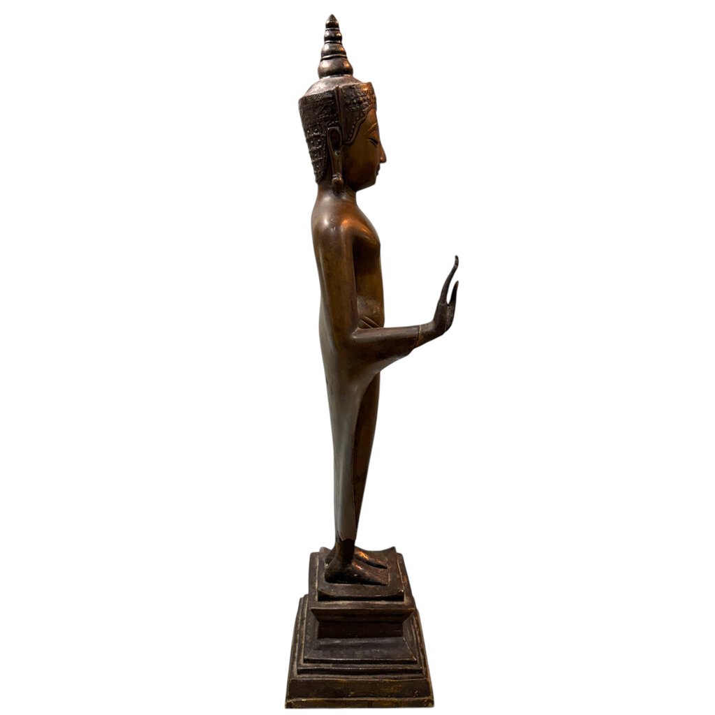 Exquisite Copper Alloy Crowned Buddha Standing on Pedestal- Thailand, Ayutthaya Period, 17th Century 22.5" tall