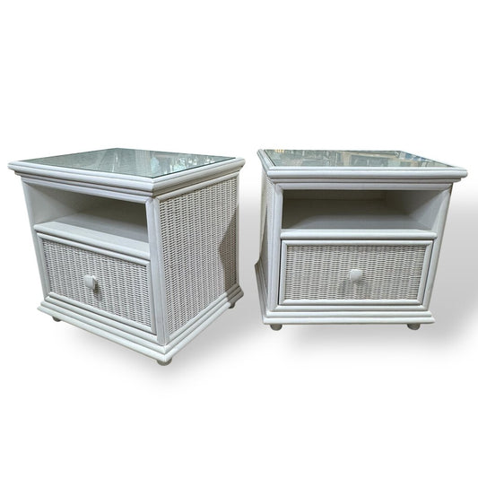 Pair of White Wood Wicker Rattan Nightstands w/ Glass Tops