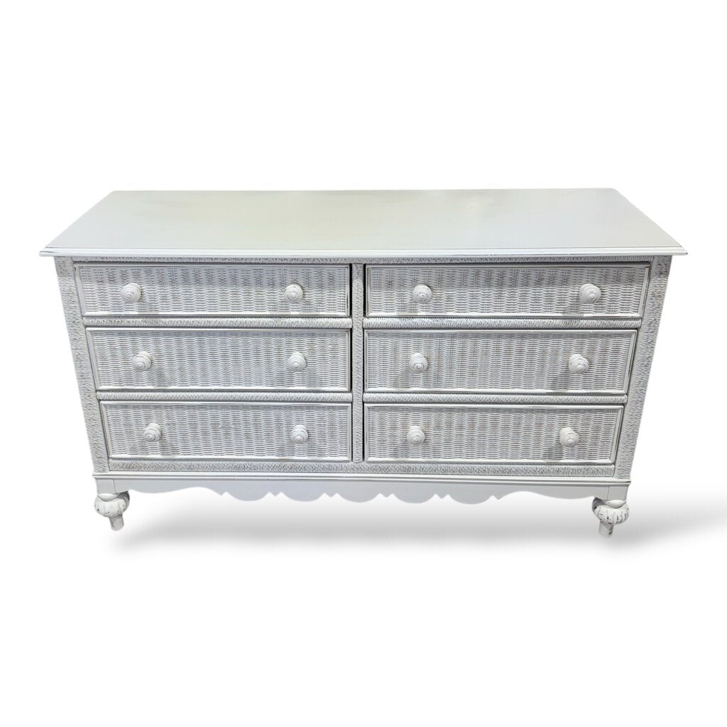 Lexington Coastal Distressed White Wood Wicker 6 Drawer Dresser & Pair of 2 Drawer Nightstands Made in USA