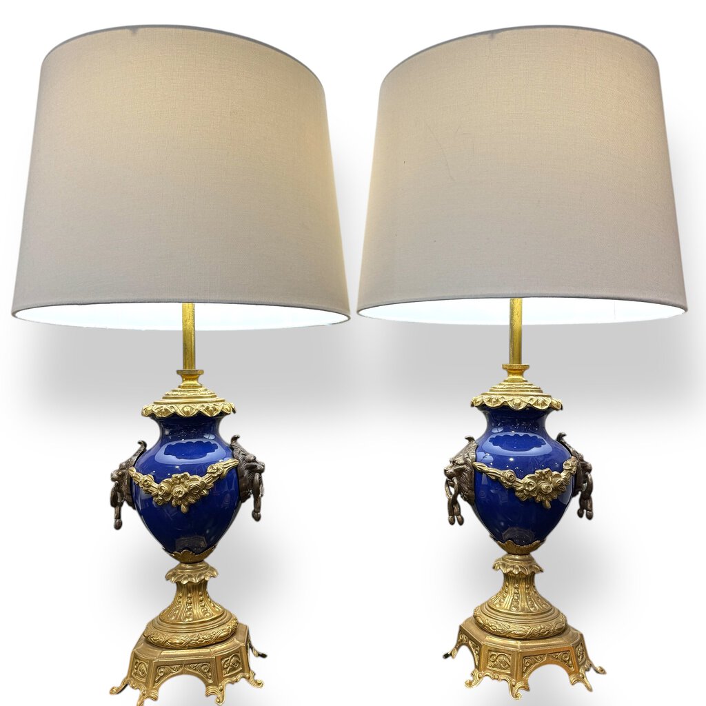Brevettato Vintage Italian Gilt Brass & Cobalt Blue Porcelain Lamps w/ Lion Knockers 25" tall (pair)