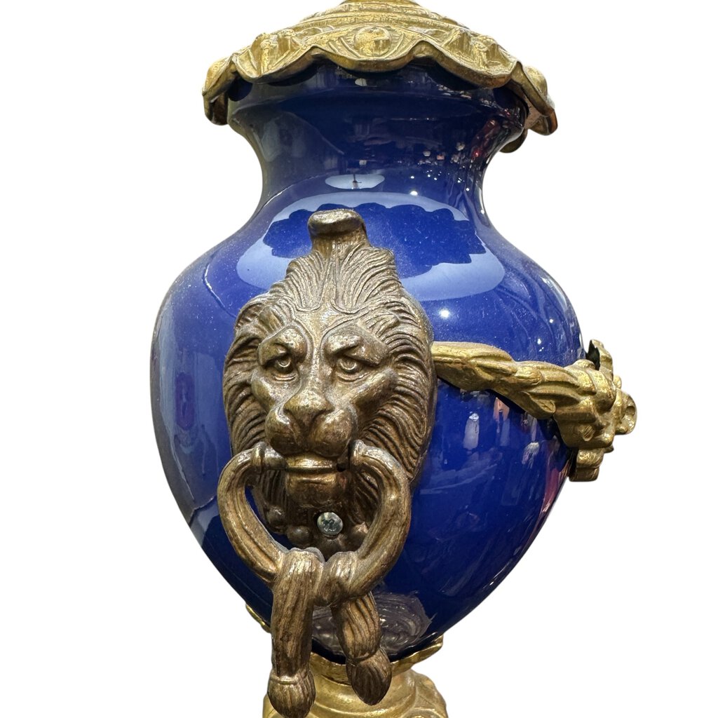 Brevettato Vintage Italian Gilt Brass & Cobalt Blue Porcelain Lamps w/ Lion Knockers 25" tall (pair)