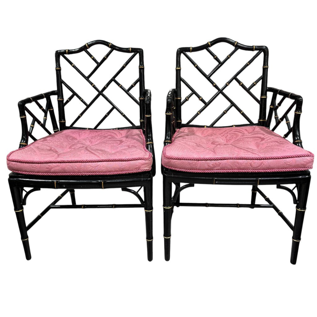 Pair of Vintage Hollywood Regency Black Chinoiserie Chippendale Style Accent Chairs w/ Upholstered Cushions on Canning