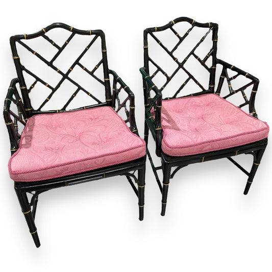 Pair of Vintage Hollywood Regency Black Chinoiserie Chippendale Style Accent Chairs w/ Upholstered Cushions on Canning