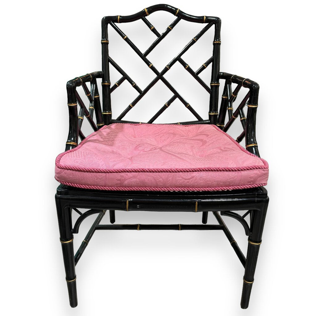 Pair of Vintage Hollywood Regency Black Chinoiserie Chippendale Style Accent Chairs w/ Upholstered Cushions on Canning