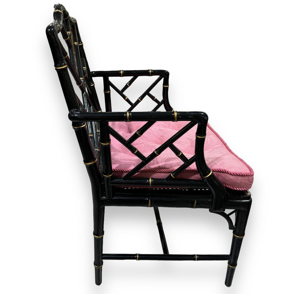 Pair of Vintage Hollywood Regency Black Chinoiserie Chippendale Style Accent Chairs w/ Upholstered Cushions on Canning