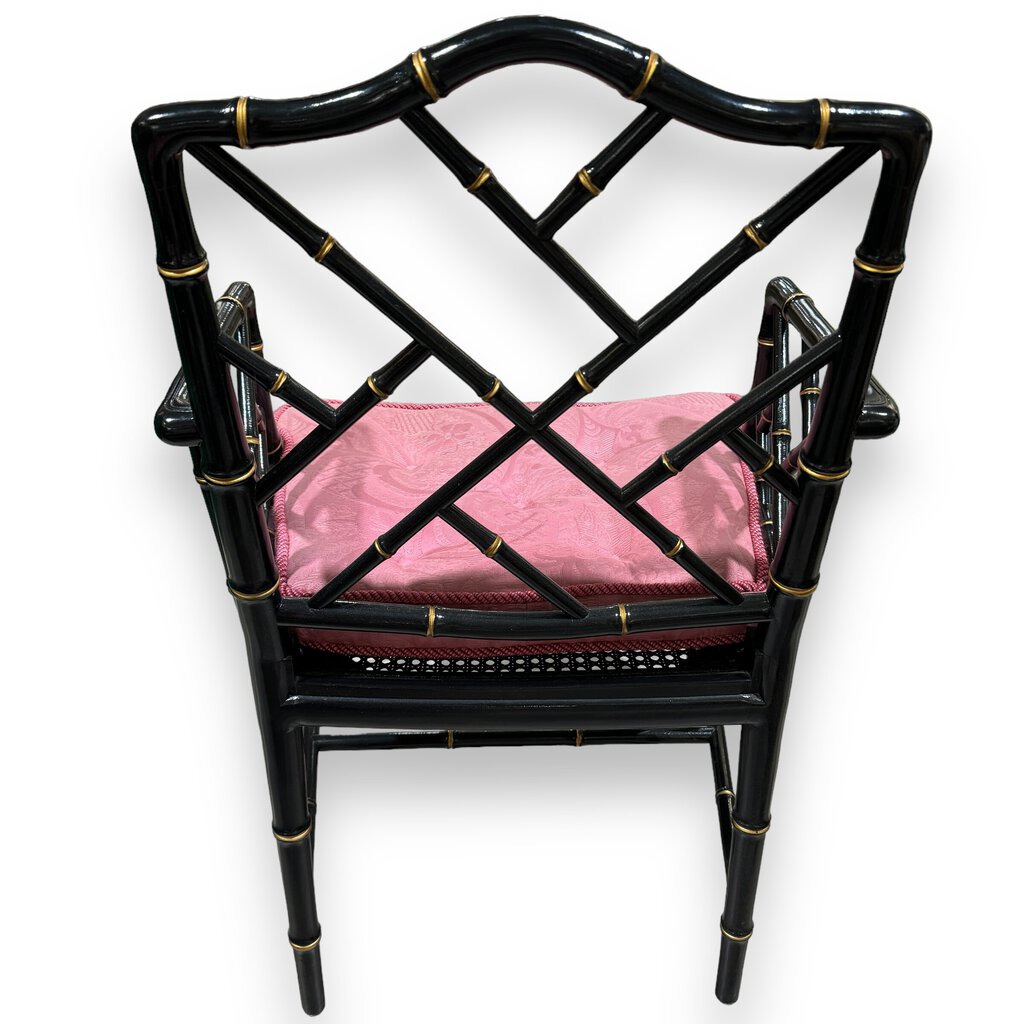 Pair of Vintage Hollywood Regency Black Chinoiserie Chippendale Style Accent Chairs w/ Upholstered Cushions on Canning