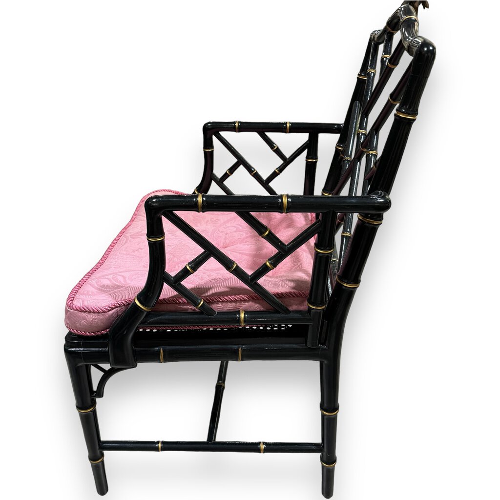 Pair of Vintage Hollywood Regency Black Chinoiserie Chippendale Style Accent Chairs w/ Upholstered Cushions on Canning