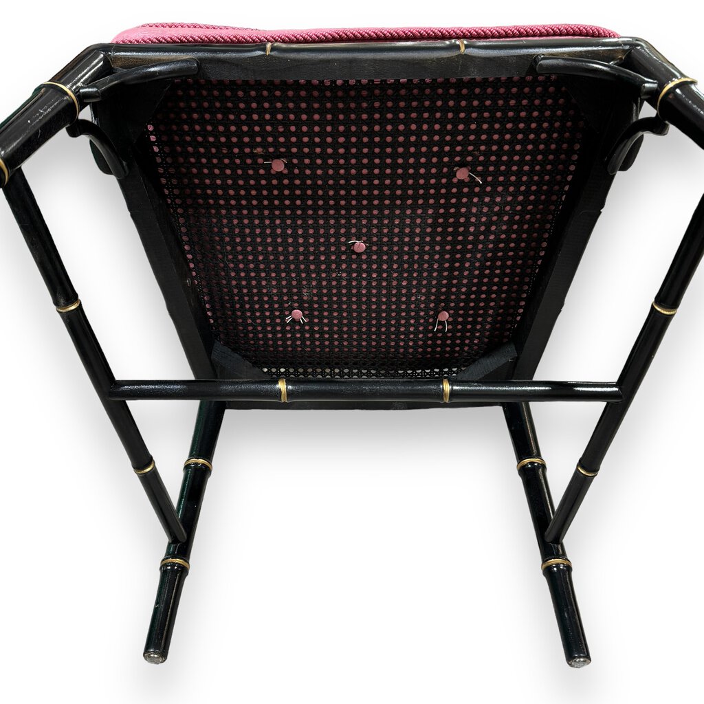 Pair of Vintage Hollywood Regency Black Chinoiserie Chippendale Style Accent Chairs w/ Upholstered Cushions on Canning
