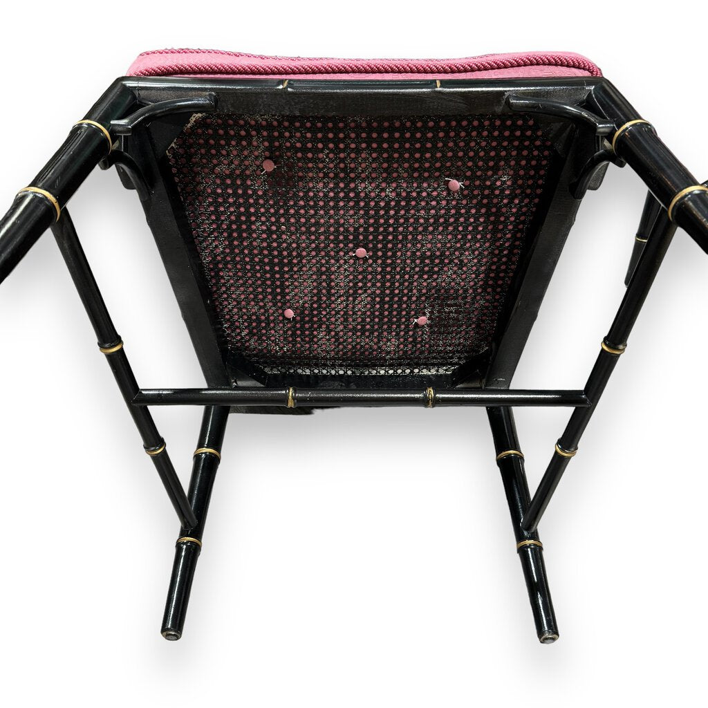 Pair of Vintage Hollywood Regency Black Chinoiserie Chippendale Style Accent Chairs w/ Upholstered Cushions on Canning