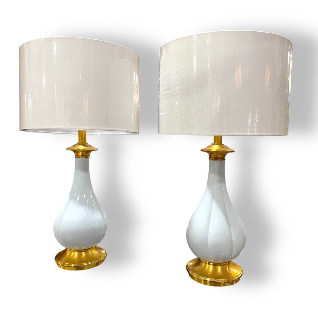 Pair of Vintage Sky Blue Scalloped Porcelain Lumi Milano Lamps Made in Italy 31"H x 17"W