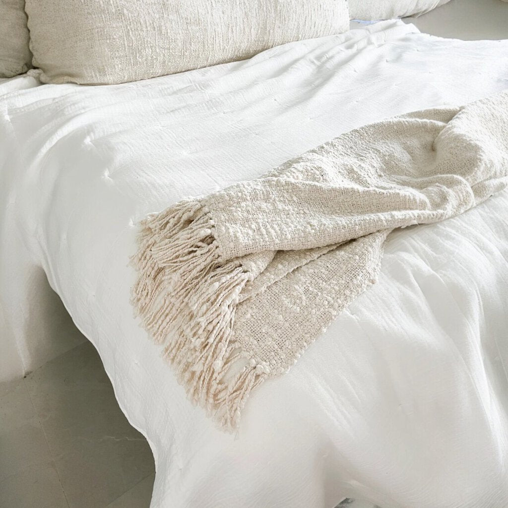 Cozy Cotton White Boucle Fringe Throw 50"x70"