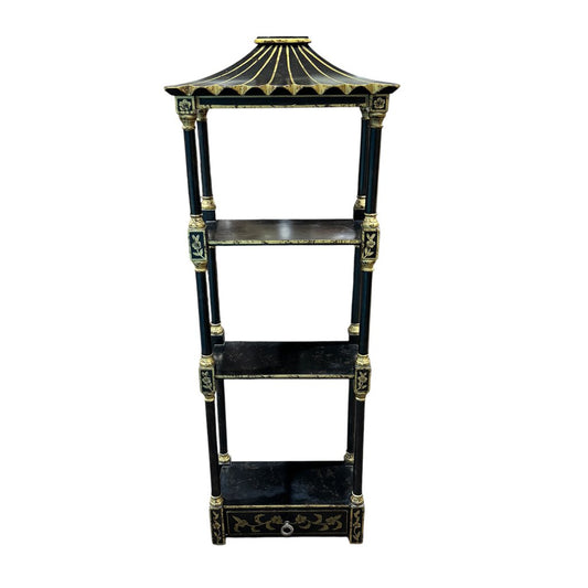 Vintage Hollywood Regency Chinoiserie Style Pagoda Black Lacquered Wood Decorative Shelves 13Lx7Wx36H Can be hung on wall.