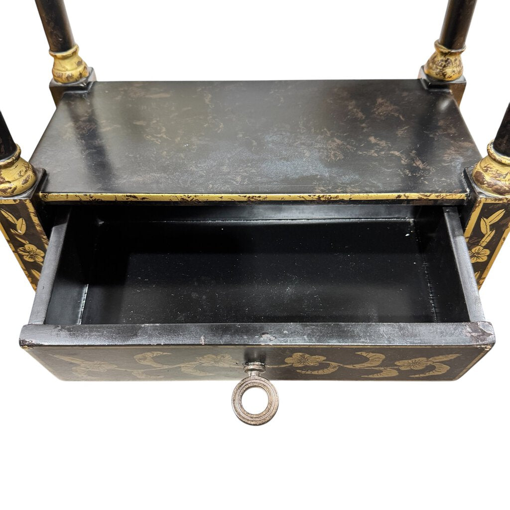 Vintage Hollywood Regency Chinoiserie Style Pagoda Black Lacquered Wood Decorative Shelves 13Lx7Wx36H Can be hung on wall.