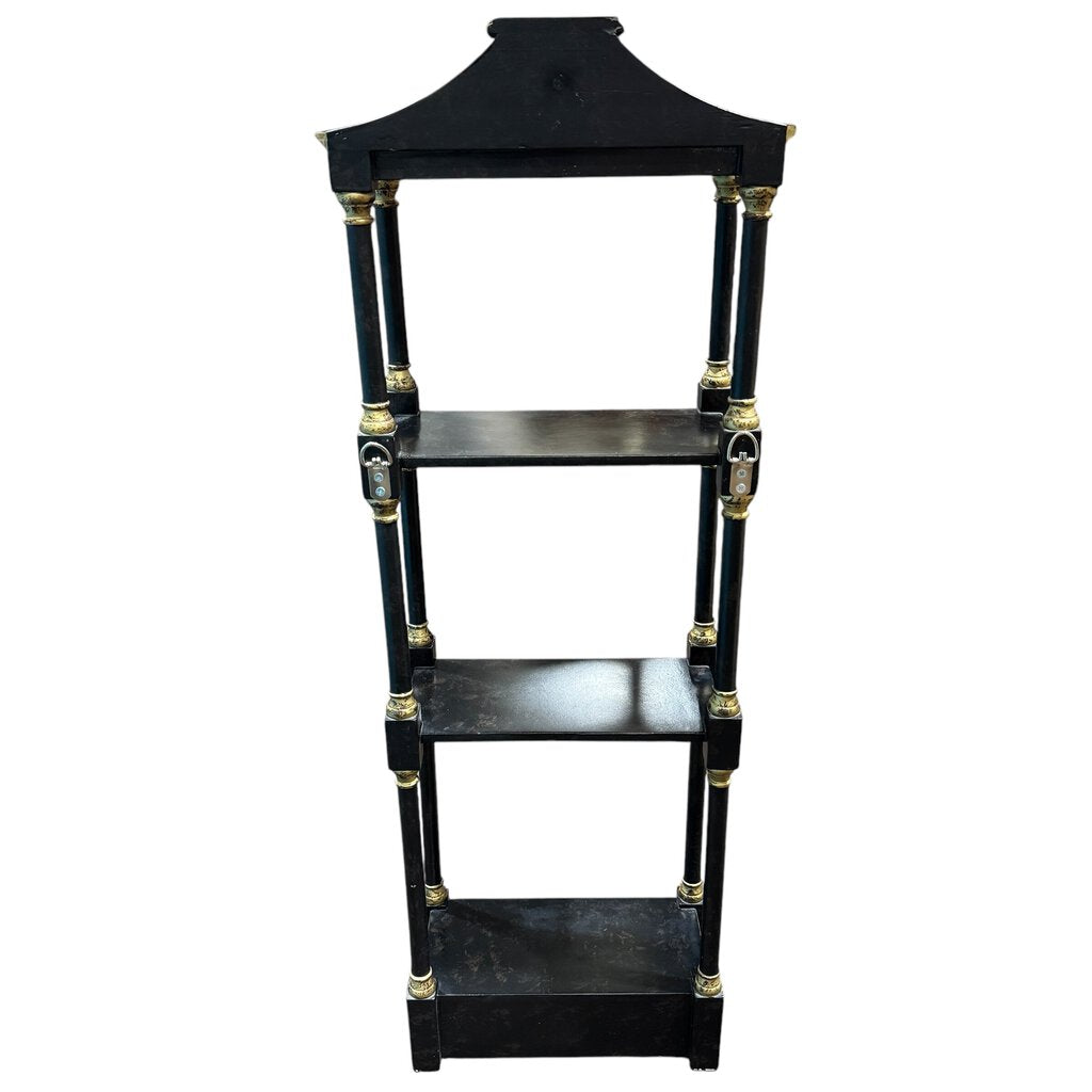 Vintage Hollywood Regency Chinoiserie Style Pagoda Black Lacquered Wood Decorative Shelves 13Lx7Wx36H Can be hung on wall.