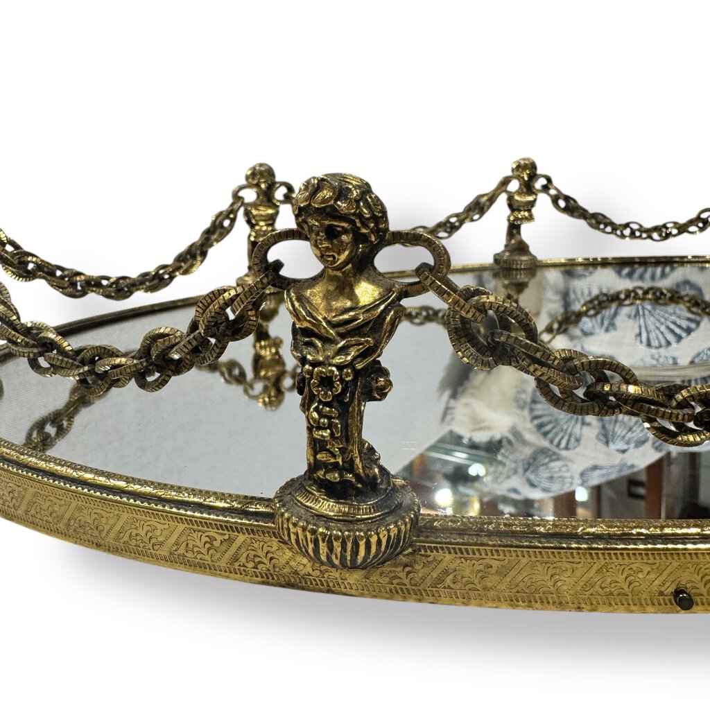 Hollywood Regency Vintage Vanity Mirror Tray w. Cameo Post & Chain 19Lx11Wx3H
