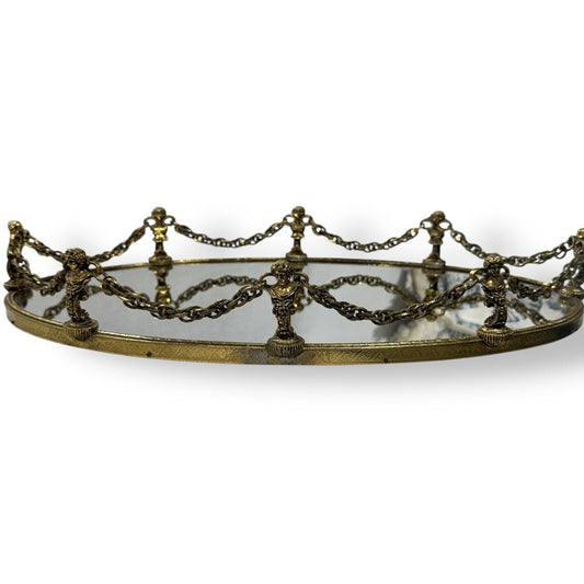 Hollywood Regency Vintage Vanity Mirror Tray w. Cameo Post & Chain 19Lx11Wx3H