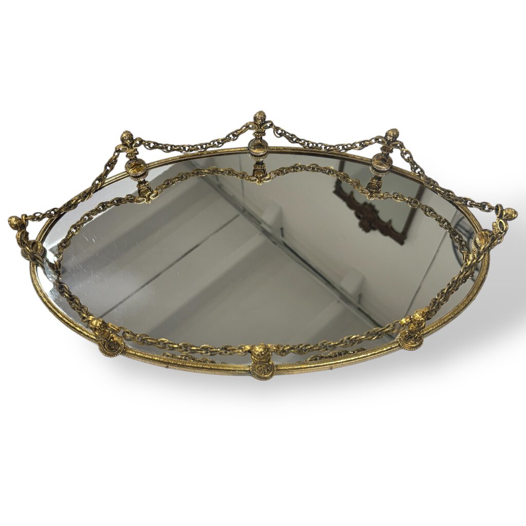 Hollywood Regency Vintage Vanity Mirror Tray w. Cameo Post & Chain 19Lx11Wx3H