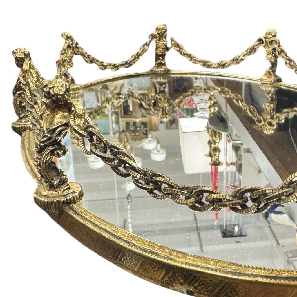 Hollywood Regency Vintage Vanity Mirror Tray w. Cameo Post & Chain 19Lx11Wx3H