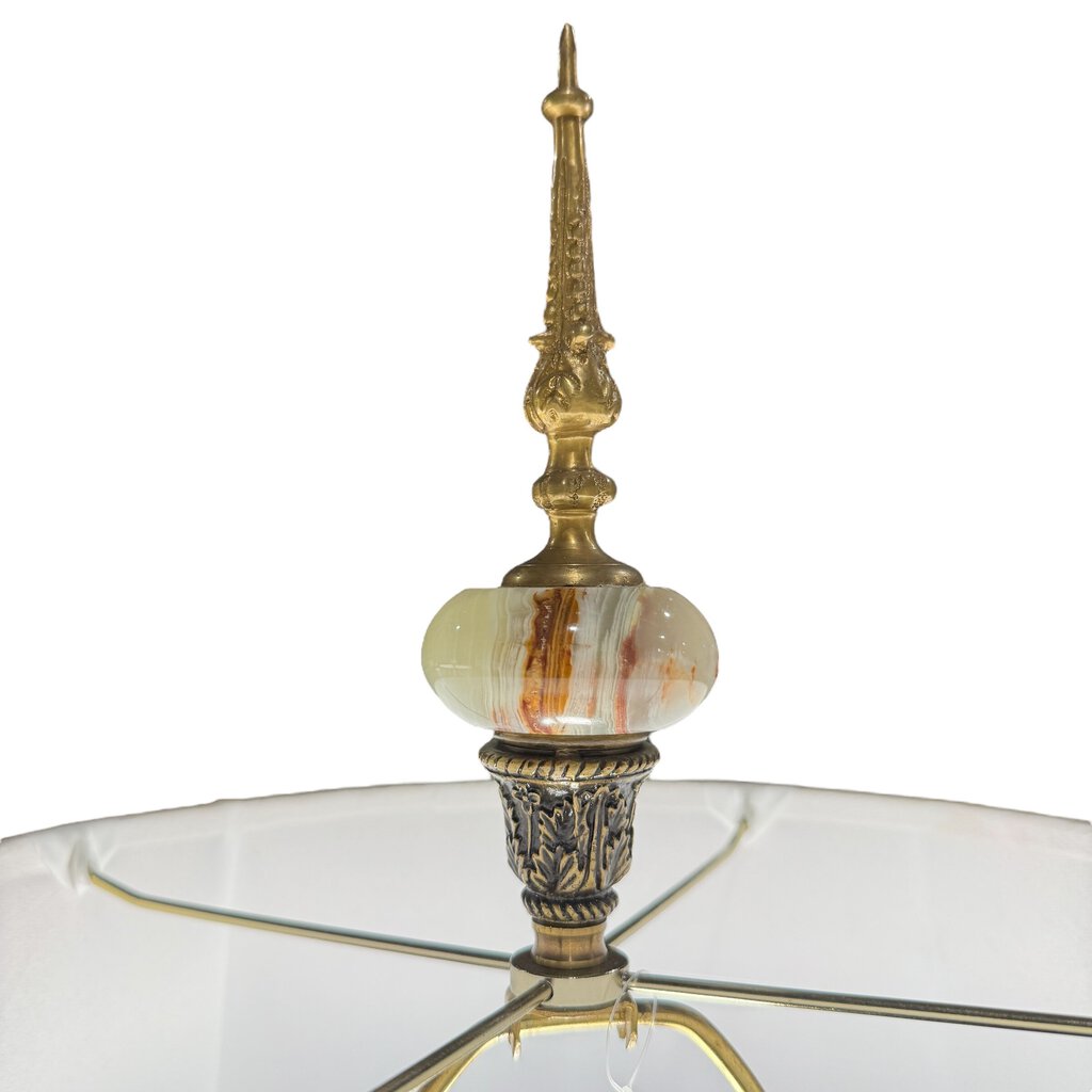 Pair of Neoclassical Genuine Green Onyx Column Table Lamps w/ Pleated Shades & Large Onyx Finials