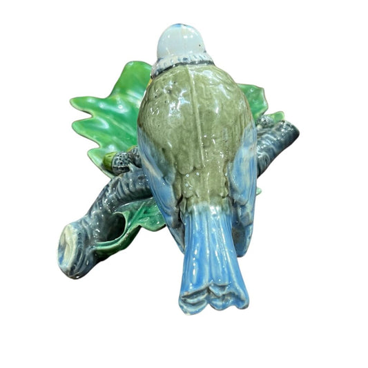 Antique Signed Minton Majolica Blue Tit Leaf Shaped Dish (As Is) 3.5"H X 8"L X 4"W