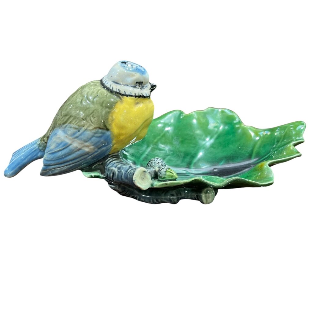 Antique Signed Minton Majolica Blue Tit Leaf Shaped Dish (As Is) 3.5"H X 8"L X 4"W