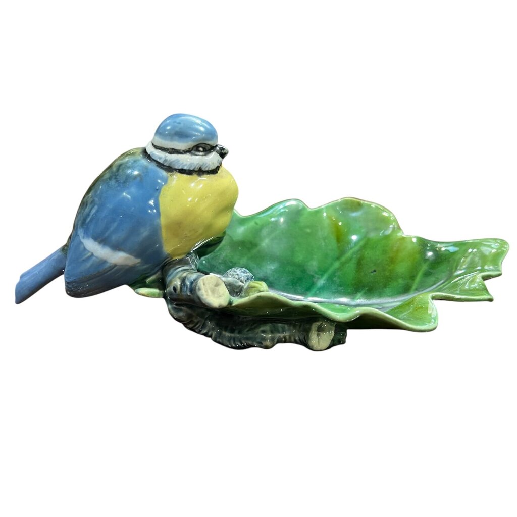 Antique Minton Majolica Blue Tit Leaf Shaped Dish 3.5"H X 8"L X 4"W