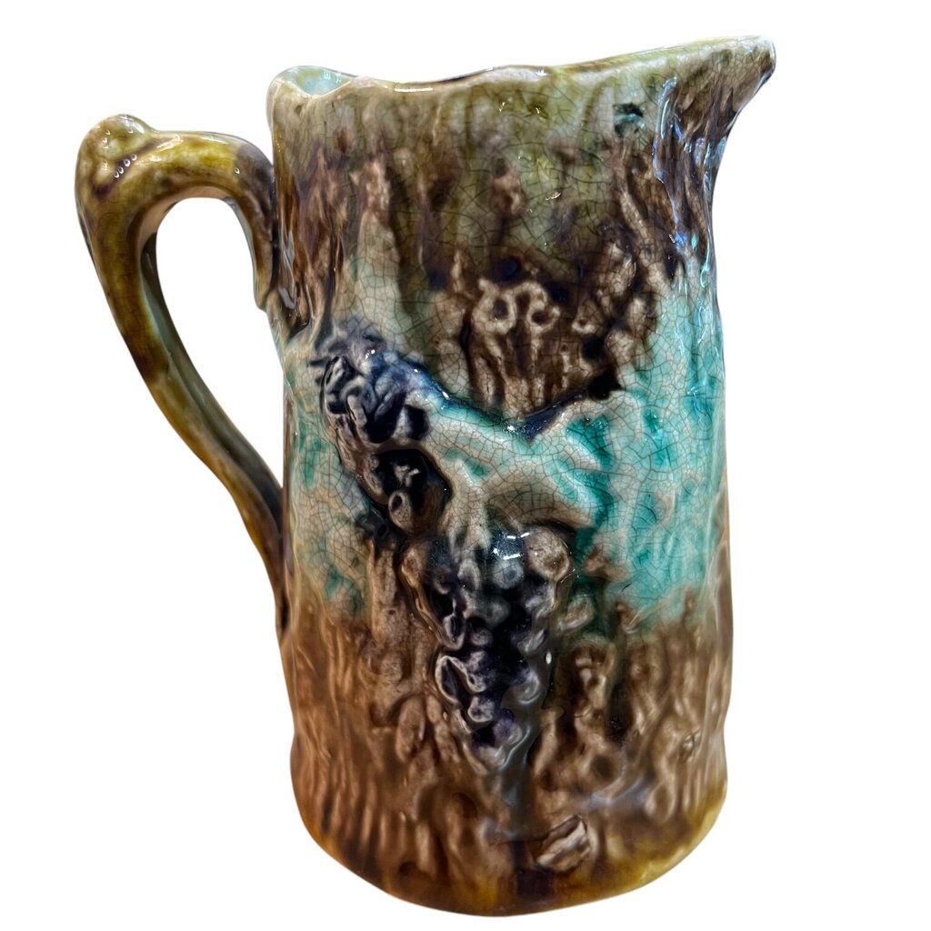 Antique Majolica Bark & Berries Leaf Design Pitcher 4.5Hx4W