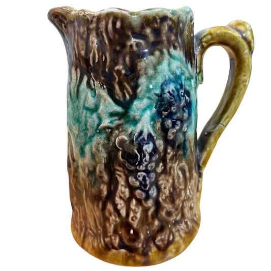 Antique Majolica Bark & Berries Leaf Design Pitcher 4.5Hx4W