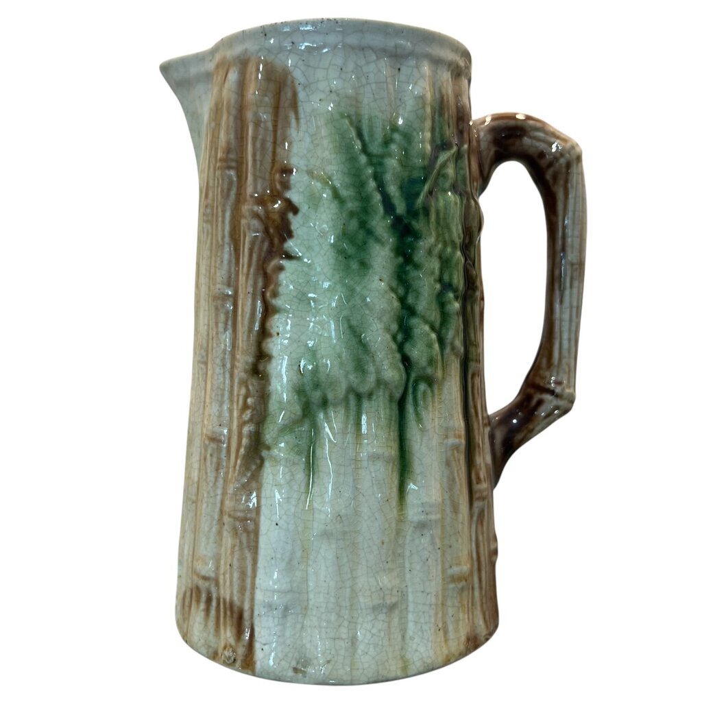 Antique Majolica Bamboo & Leaf Design Pitcher 6Hx4.5W