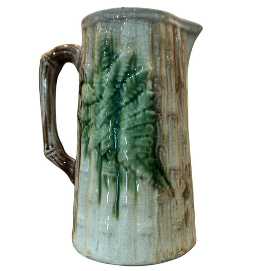 Antique Majolica Bamboo & Leaf Design Pitcher 6Hx4.5W
