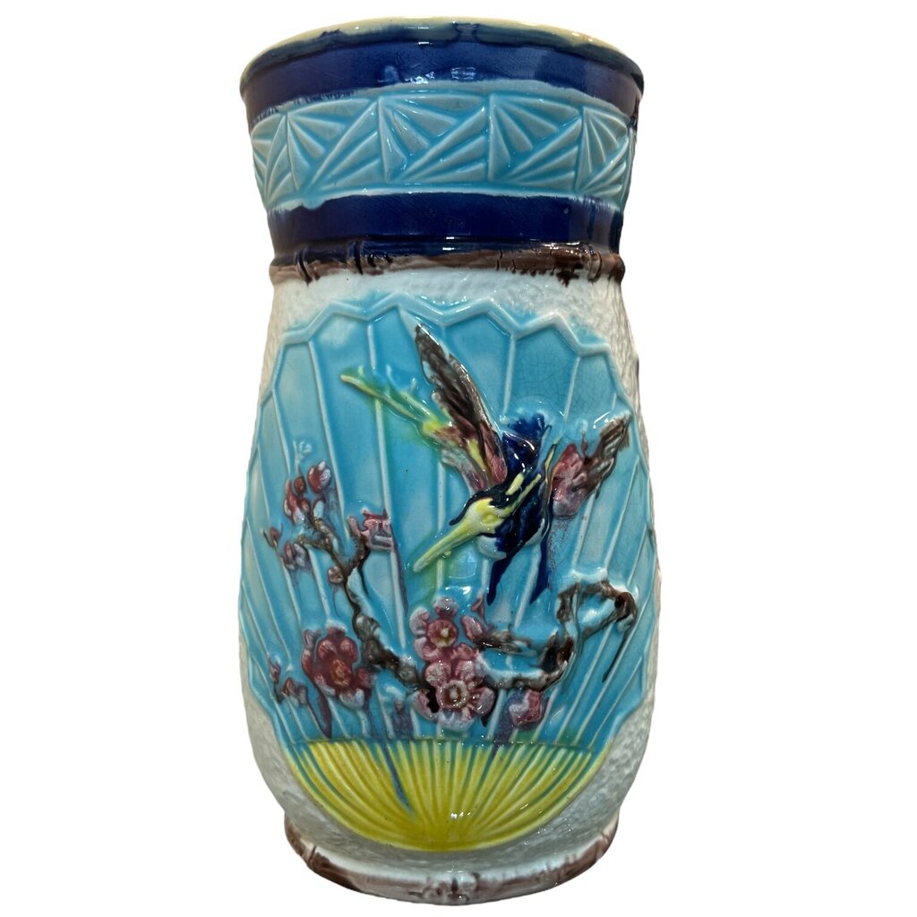 Antique 1881 Majolica Bird on Cherry Blossom Tree Vase 8"H x 4" D