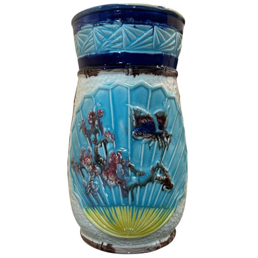 Antique 1881 Majolica Bird on Cherry Blossom Tree Vase 8"H x 4" D