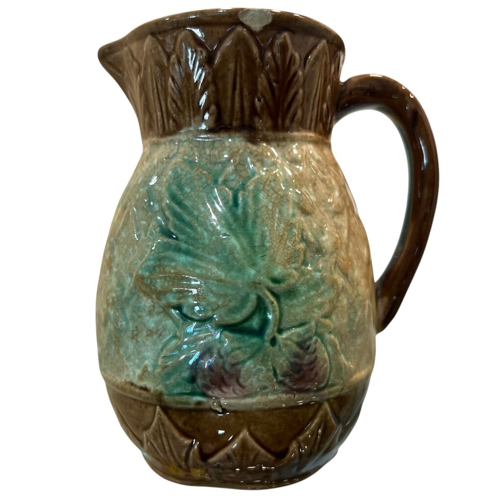 Antique Majolica Glazed Brown w/ Leaf Design Pitcher Circa 1880 "as is" 5Hx4W