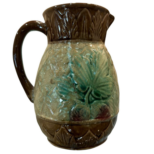 Antique Majolica Glazed Brown w/ Leaf Design Pitcher Circa 1880 "as is" 5Hx4W