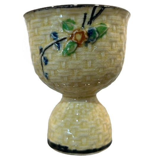 Hand Painted in Japan Basketweave Pottery Hotta Yu Shoten Double Egg Cup 3.5 H x 3D