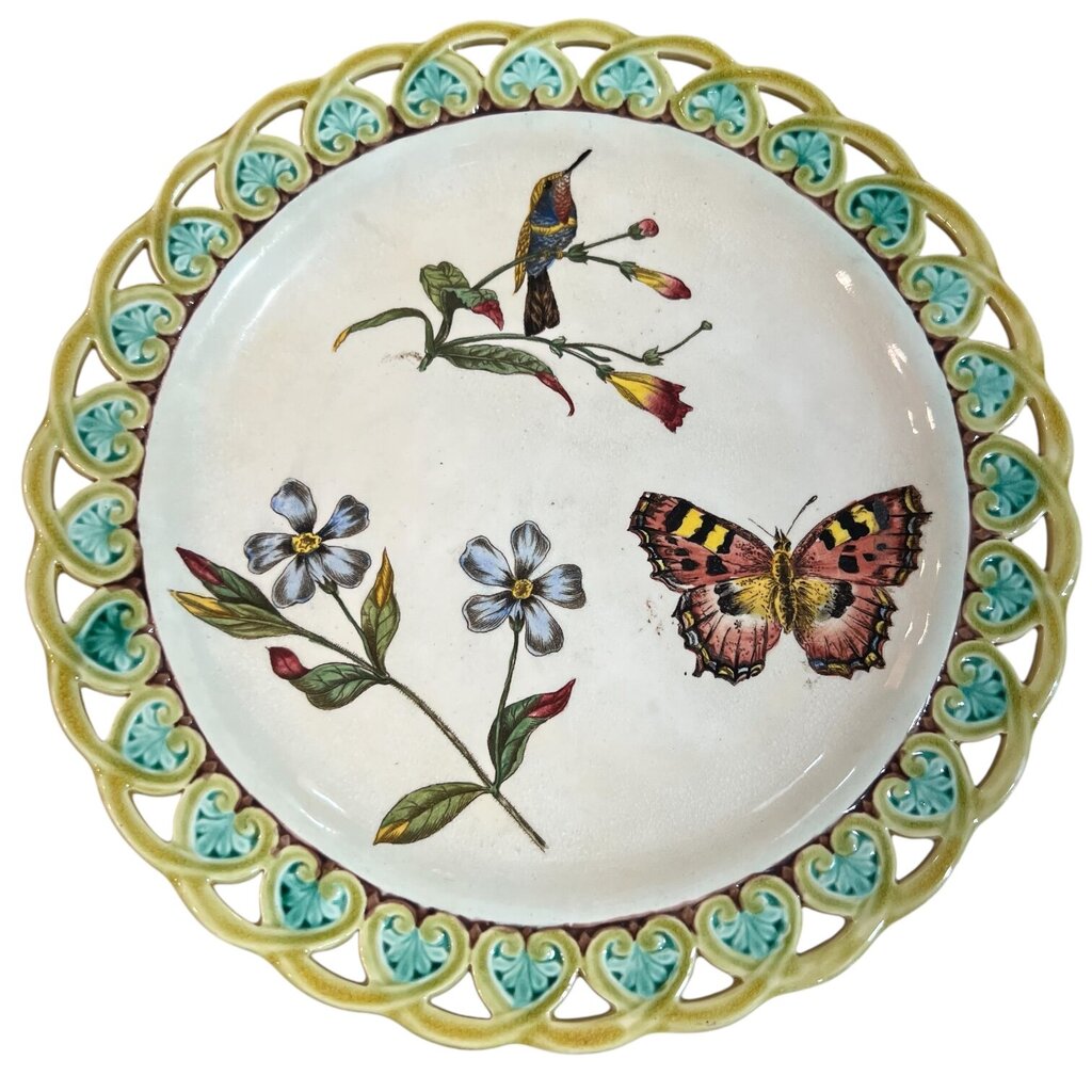 Antique Circa 1874 Wedgwood Majolica Humming Bird & Butterfly Plate 9D