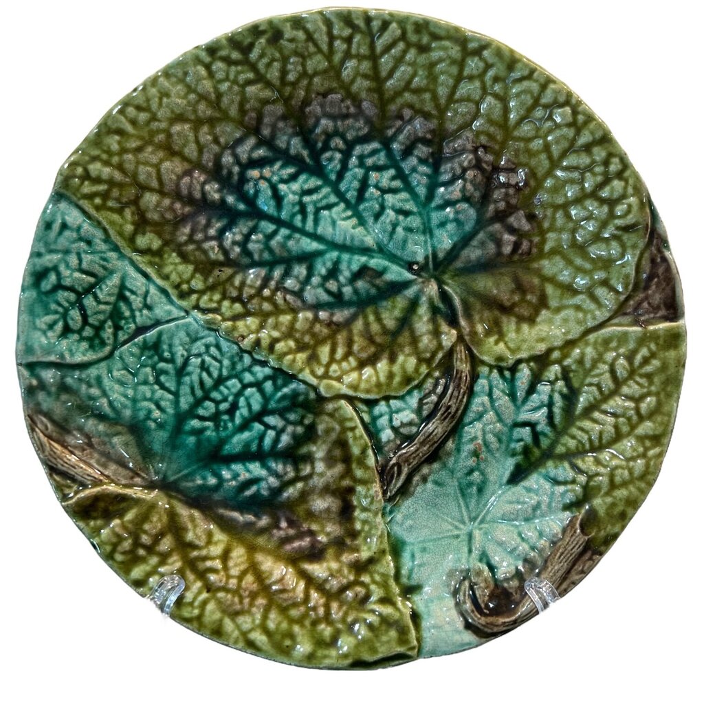 Antique 1880's French Majolica Brown & Green Leaf Plate 8.5 D