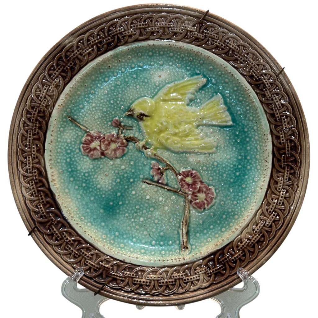 Antique Majolica Yellow Bird on Cherry Blossom Branch w/ Basket Weave Rim Plate 9.5D