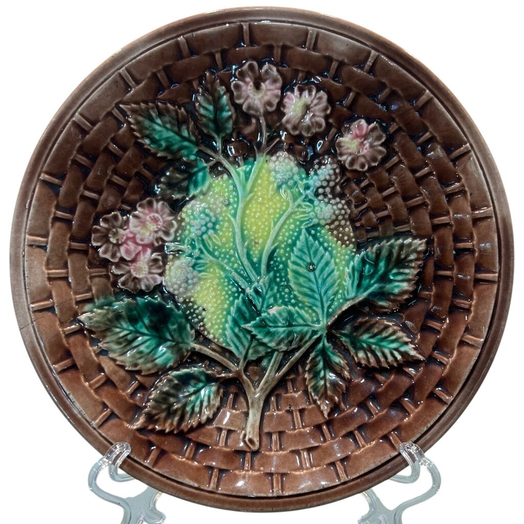Antique Majolica Basket Weave Berries w/ Pink Flowers & Yellow Plate 8"D