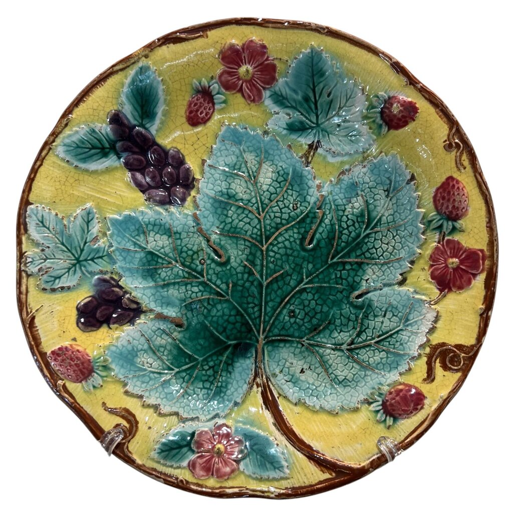 Circa 1880 Antique Majolica Leaf w/ Grapes & Berries Teal Plate 9"D