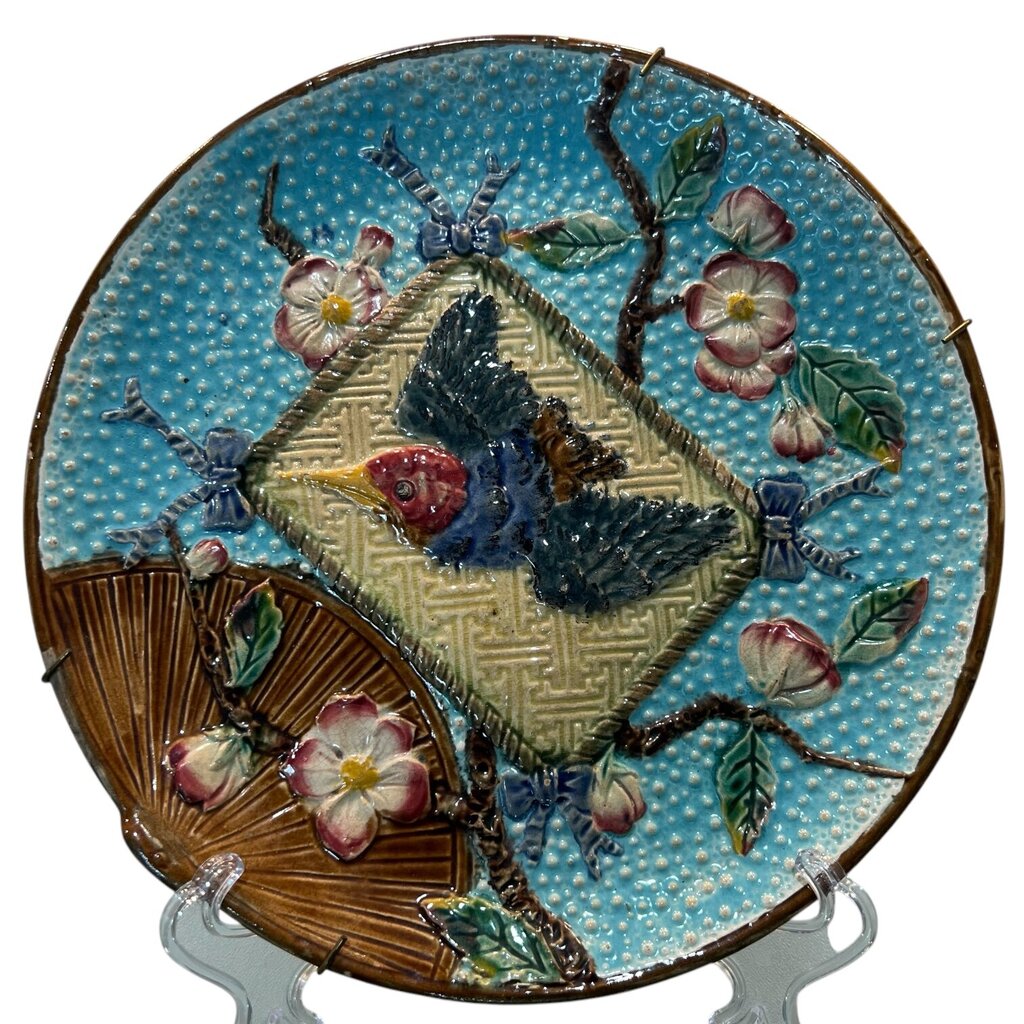 Antique English Majolica Humming Bird w Cherry Blossom Branches Plate 8.5
