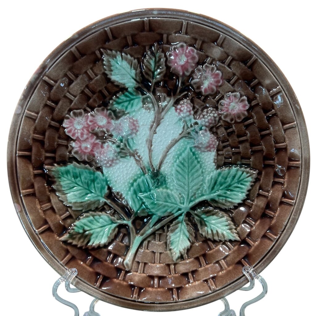 Antique Majolica Basket Weave Berries w/ Pink Flowers Plate 8" D