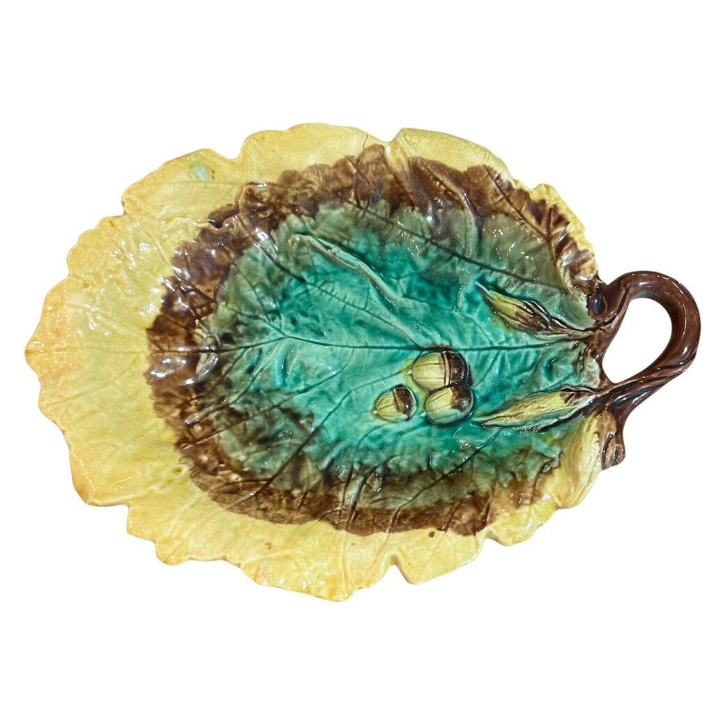 Antique Majolica Yellow & Brown Leaf Dish w/ Acorns 12 Lx 9.5 W