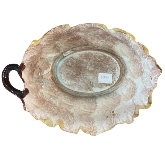 Antique Majolica Yellow & Brown Leaf Dish w/ Acorns 12 Lx 9.5 W