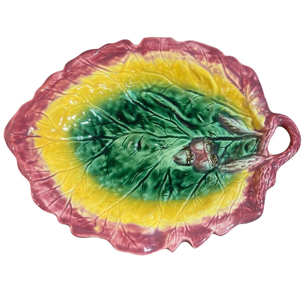 Antique Majolica Yellow & Pink Leaf Dish w/ Acorns 12 L x 9.5 W