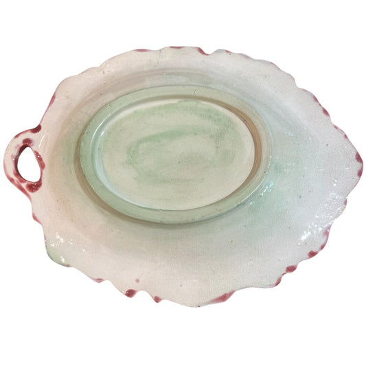 Antique Majolica Yellow & Pink Leaf Dish w/ Acorns 12 L x 9.5 W