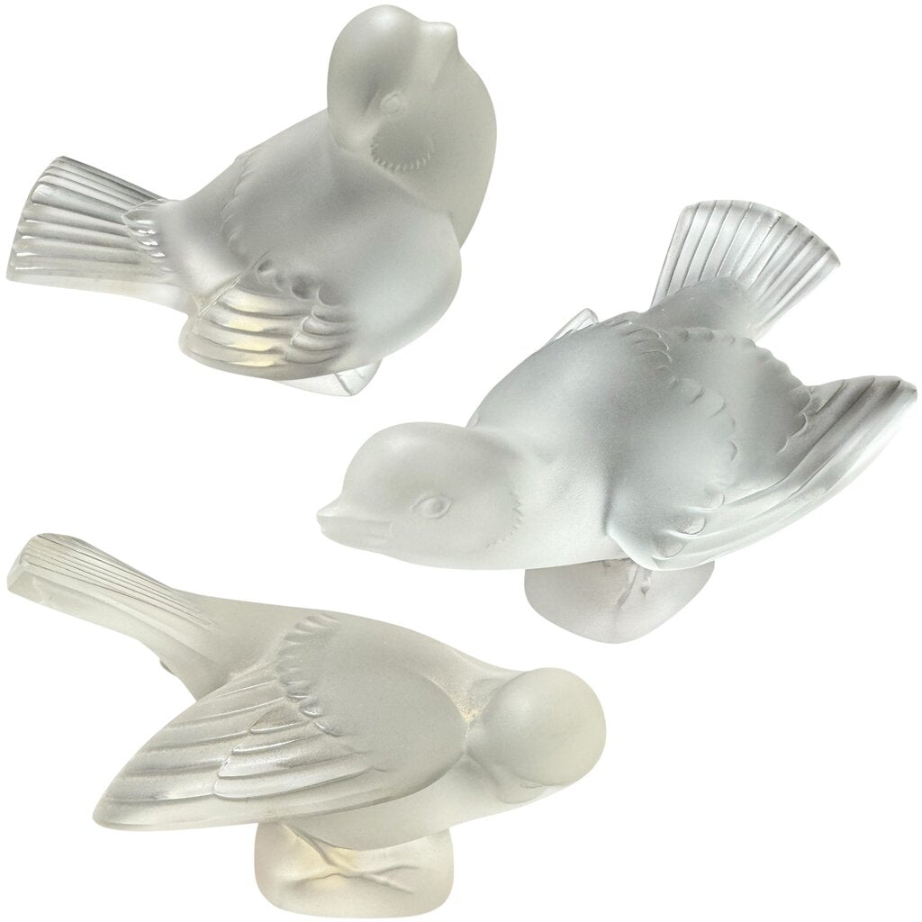Set of 3 Lalique Frosted Crystal Sparrows Birds 5Lx3.5L