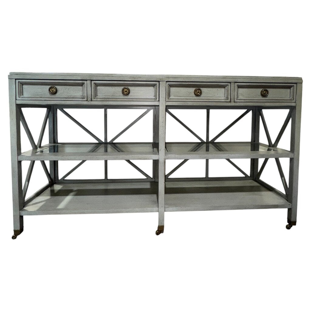 Hickory White Solid Wood Console Table on Brass Casters Custom Color- French Blue Made in USA 60Lx16Wx34H
